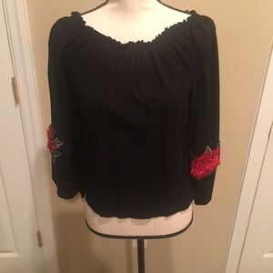 Black Women's Top with Red Floral Accents NWOT!!